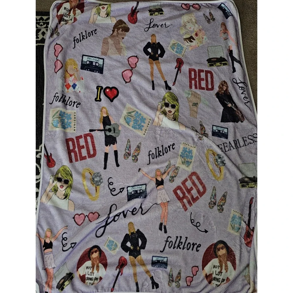 Taylor Swift Eras Collage Plush Throw Blanket Purple Folklore Red Lover Fearless